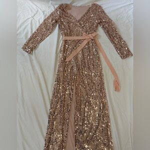 Sequin Long Sleeve Gown with Belt